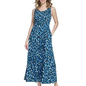 Calvin Klein Printed Jersey Crew Neck Sleeveless Smocked A-Line Maxi Dress M